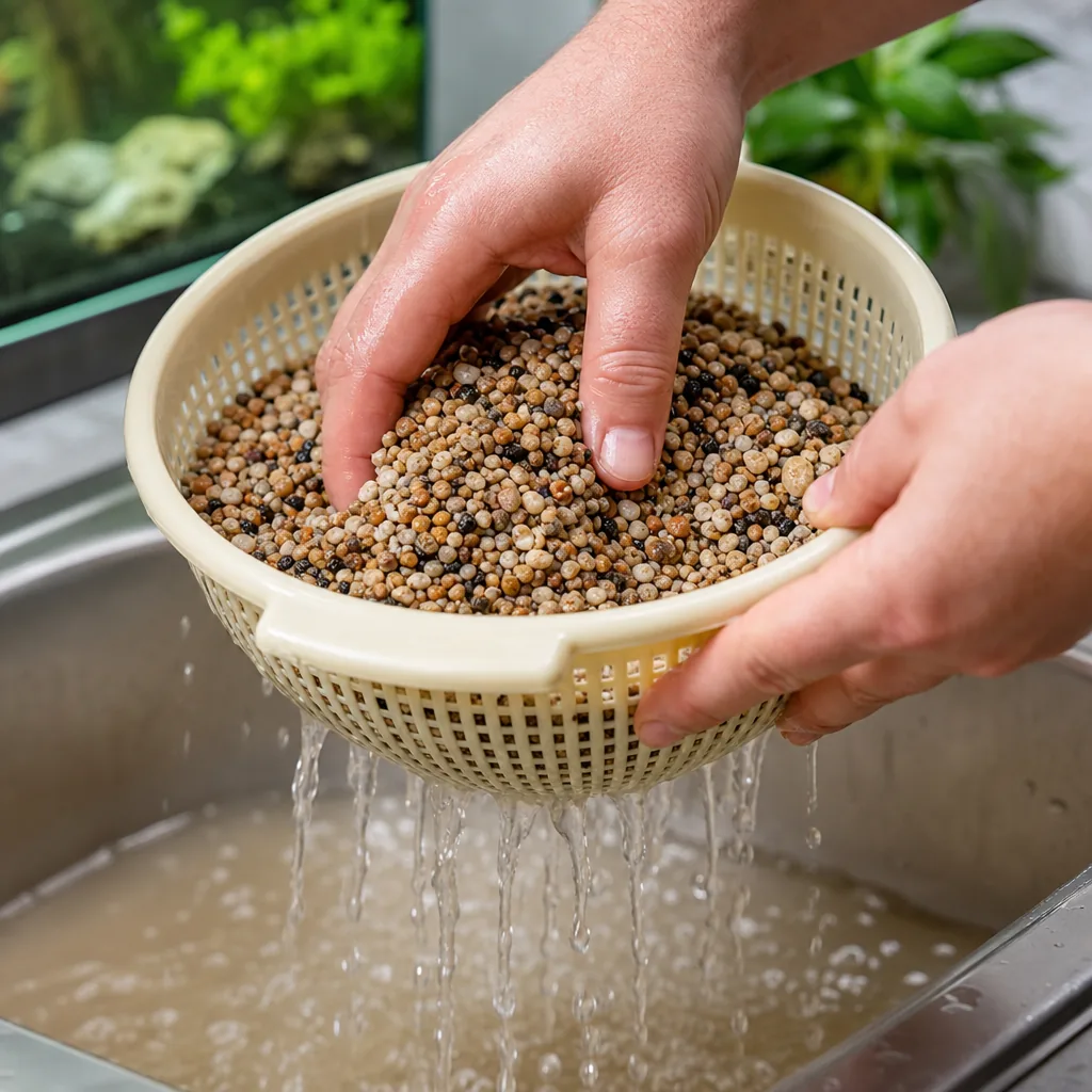 Rinsing aquarium gravel substrate in a colander under running water