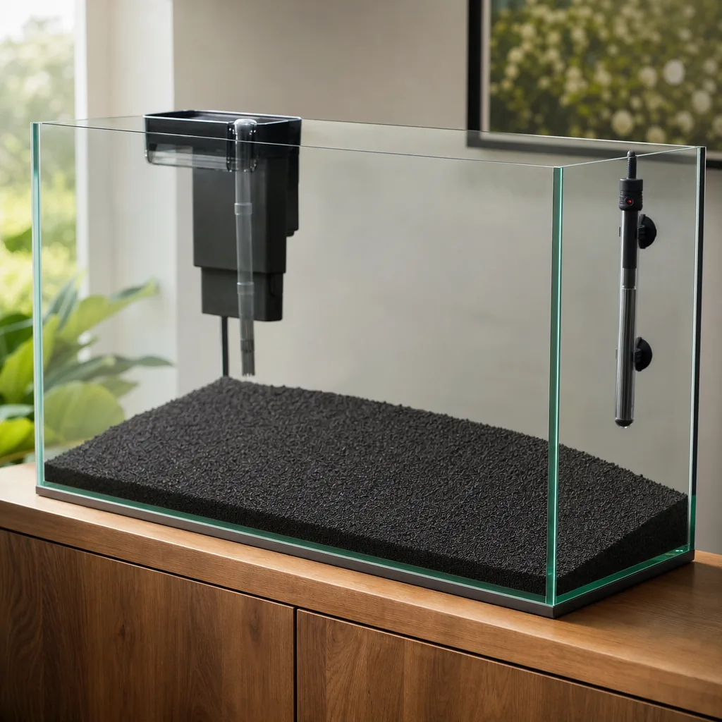 Hand pouring substrate into an empty glass aquarium