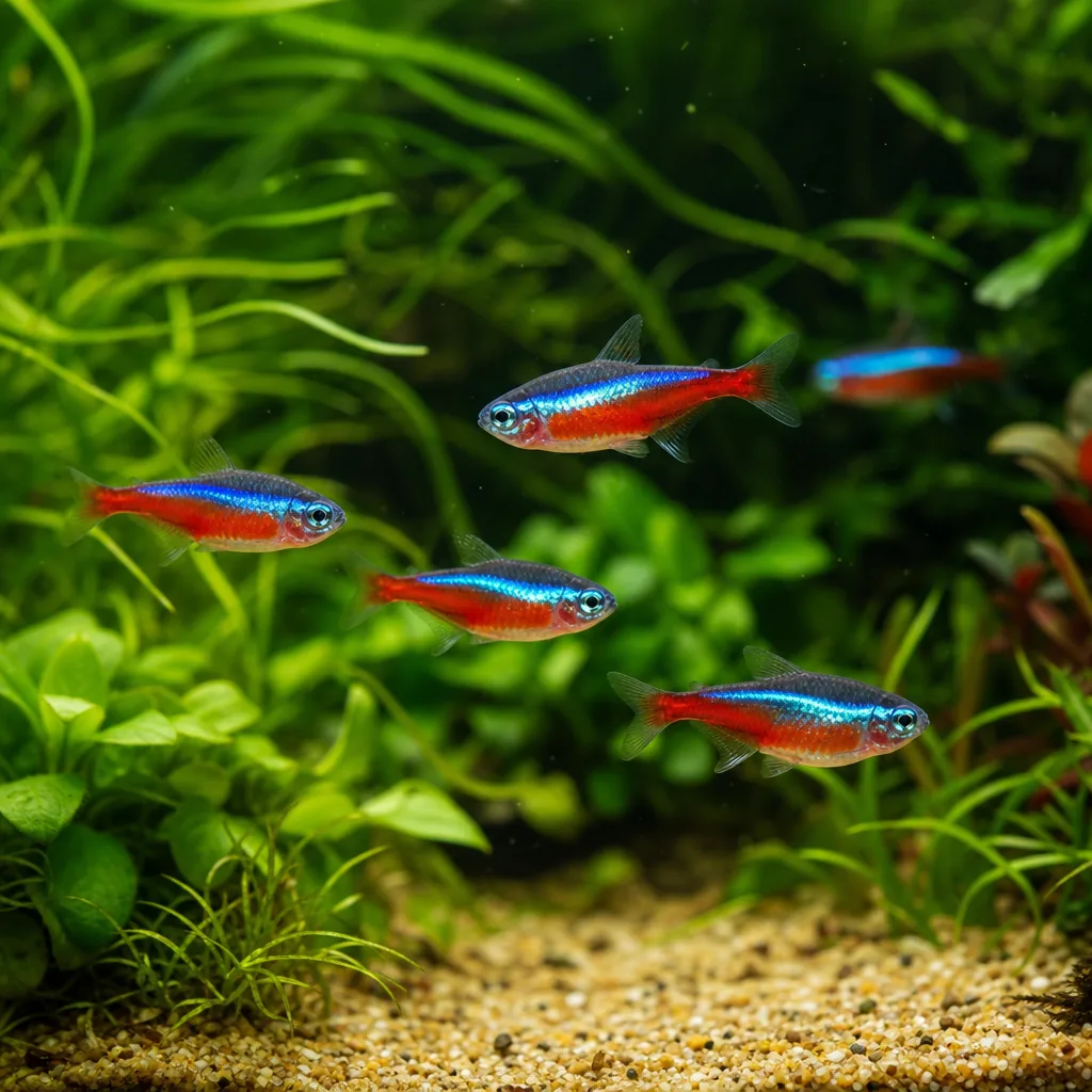 Small group of community fish swimming in a planted aquarium