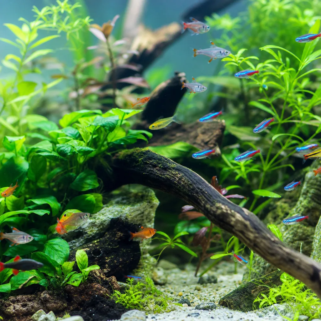 Beginner freshwater community aquarium with plants and fish