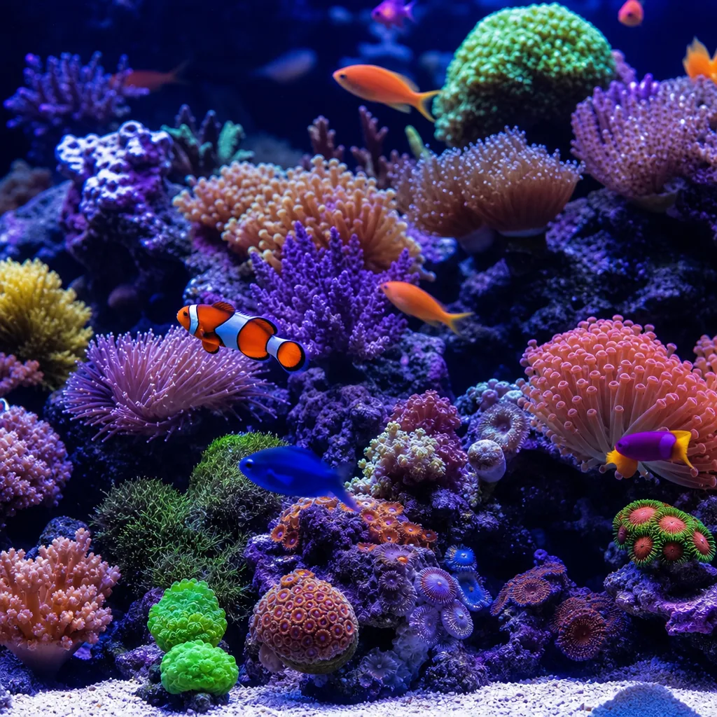 Vibrant saltwater reef aquarium with corals and fish