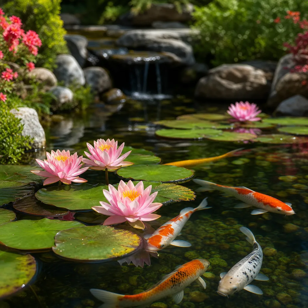 Tranquil backyard pond with koi and water lilies