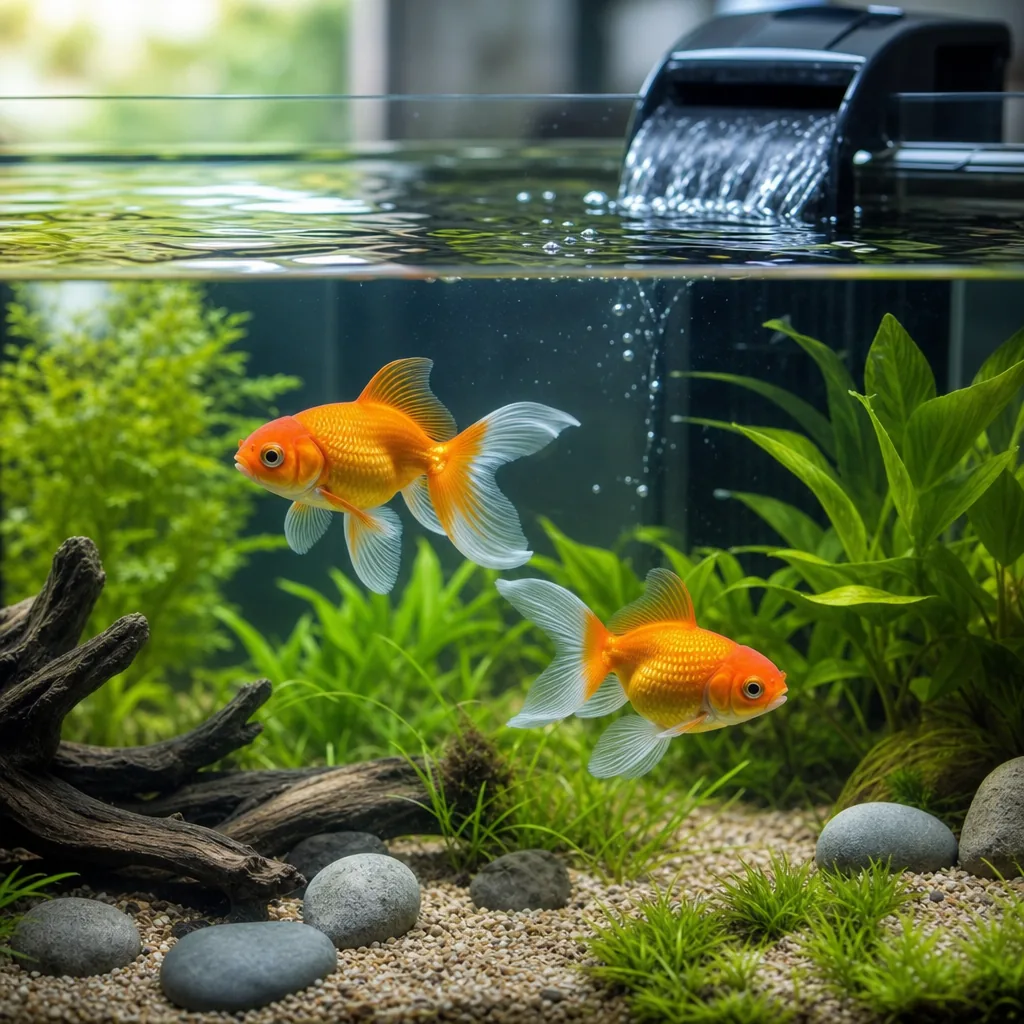 Large filter outflow stirring the surface of a goldfish tank