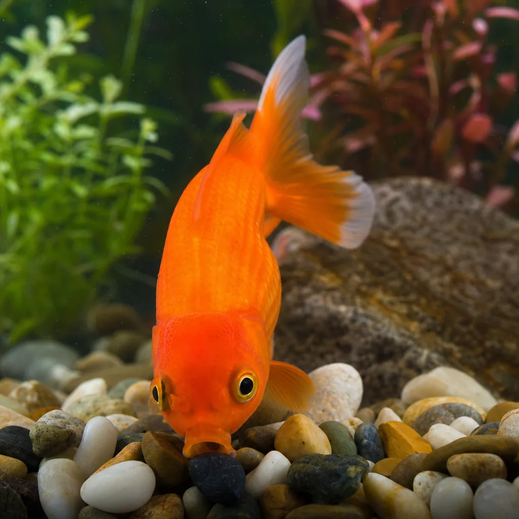 Goldfish foraging for sinking food on the tank bottom