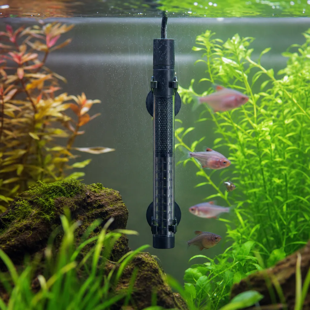 Submersible heater mounted inside a glass aquarium