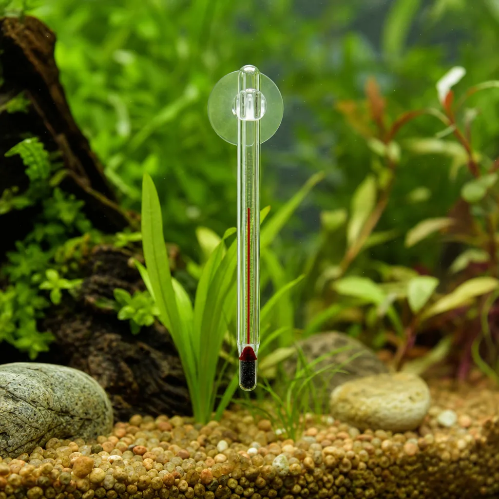 Thermometer reading temperature in a planted aquarium
