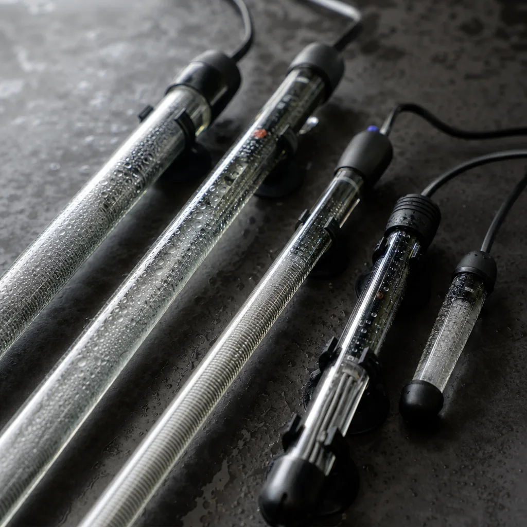 Different aquarium heater styles laid out side by side