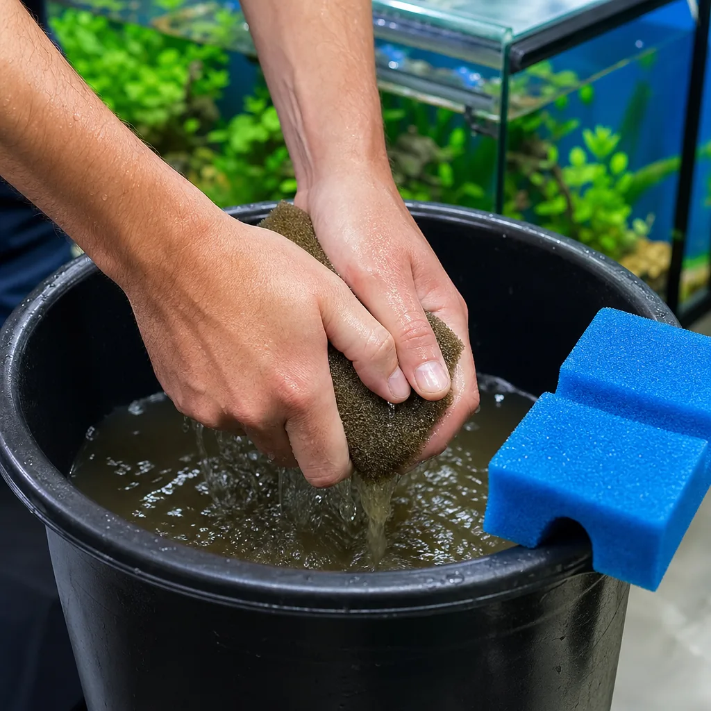 Rinsing dirty filter sponge in old tank water
