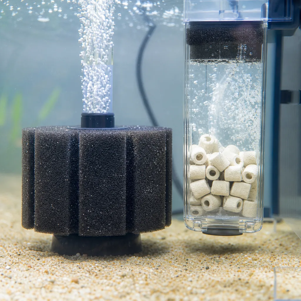 Beneficial bacteria colonizing a sponge filter in a new tank
