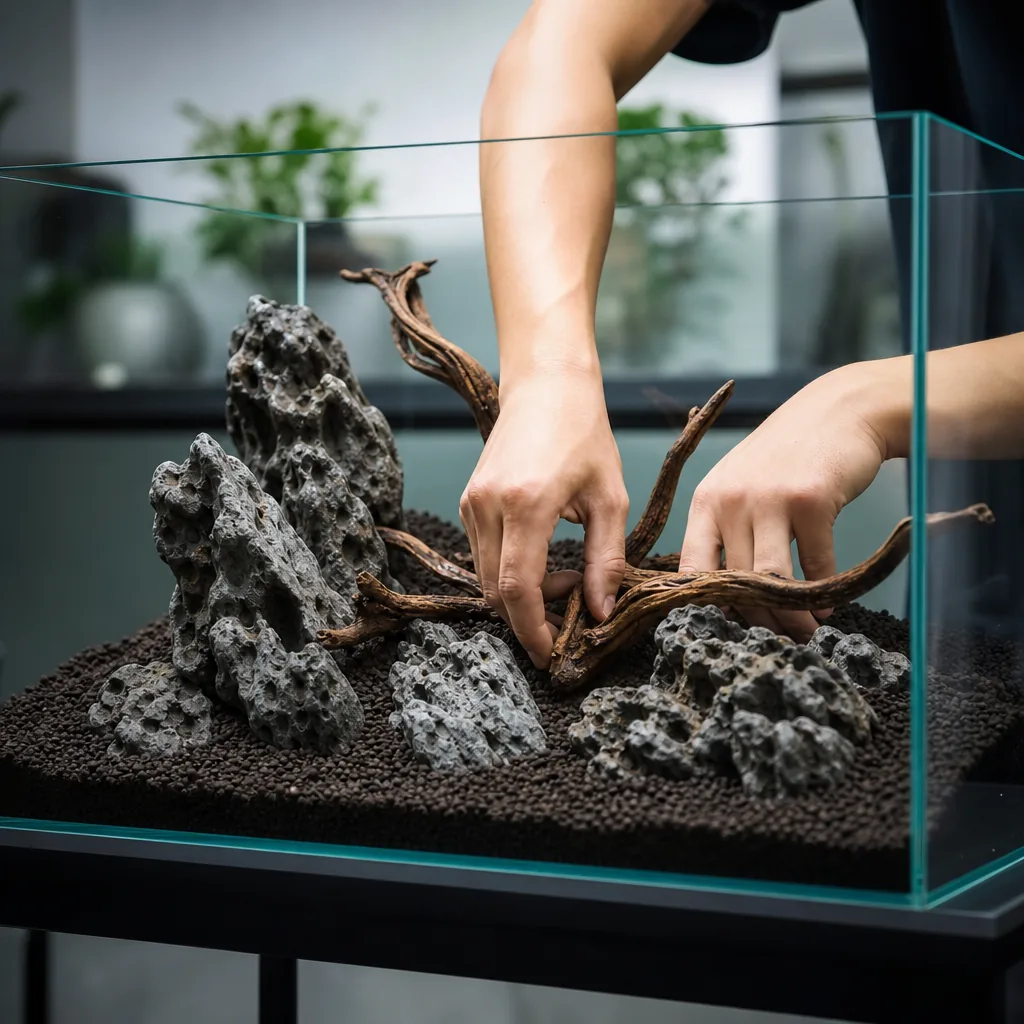 Adding aquascaping hardscape rocks and driftwood to a tank