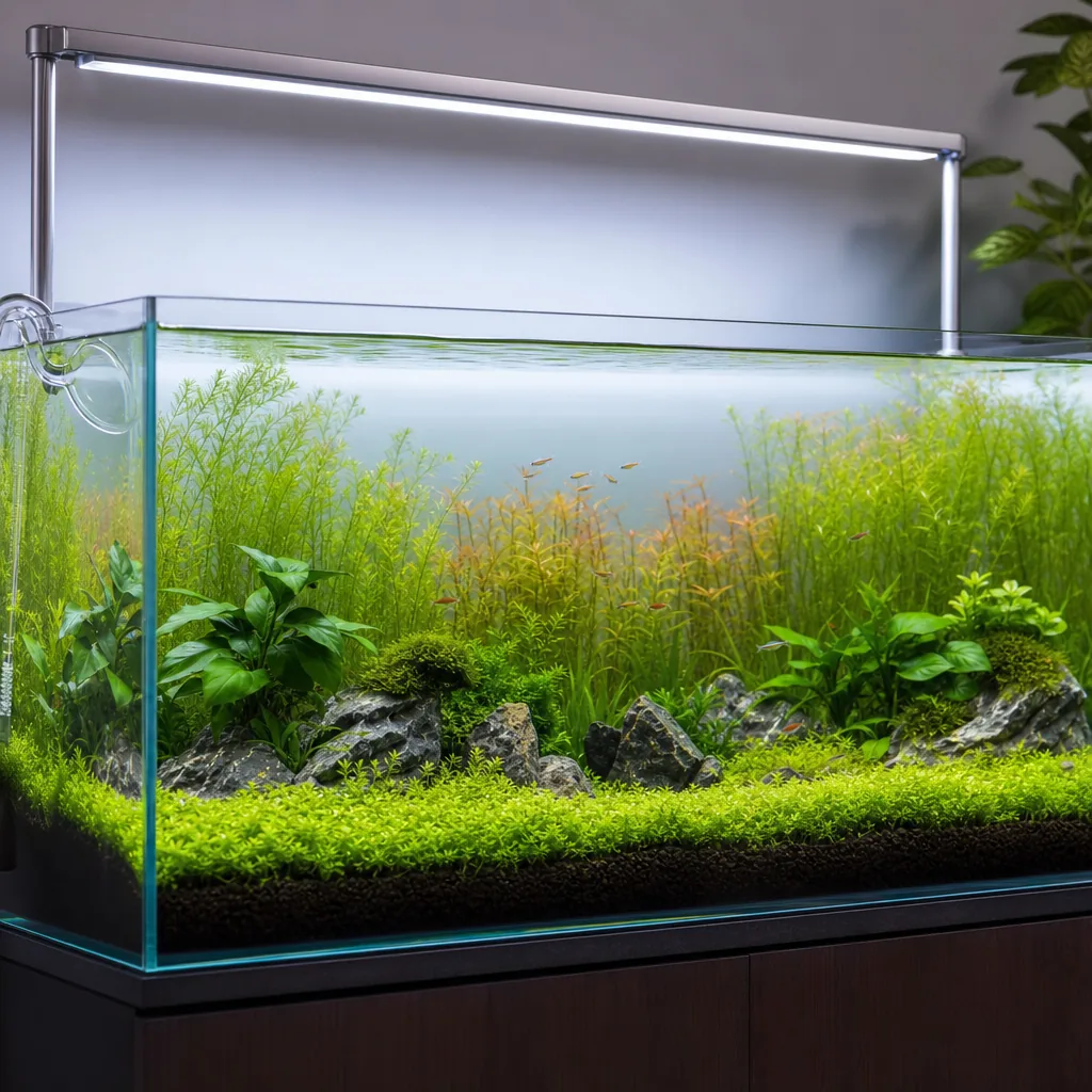 Bright LED lighting over a lush planted aquarium