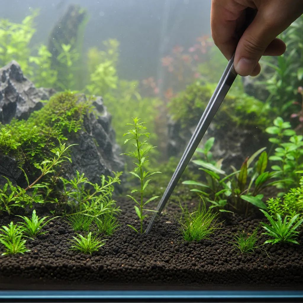 Planting aquarium stems into the substrate with tweezers