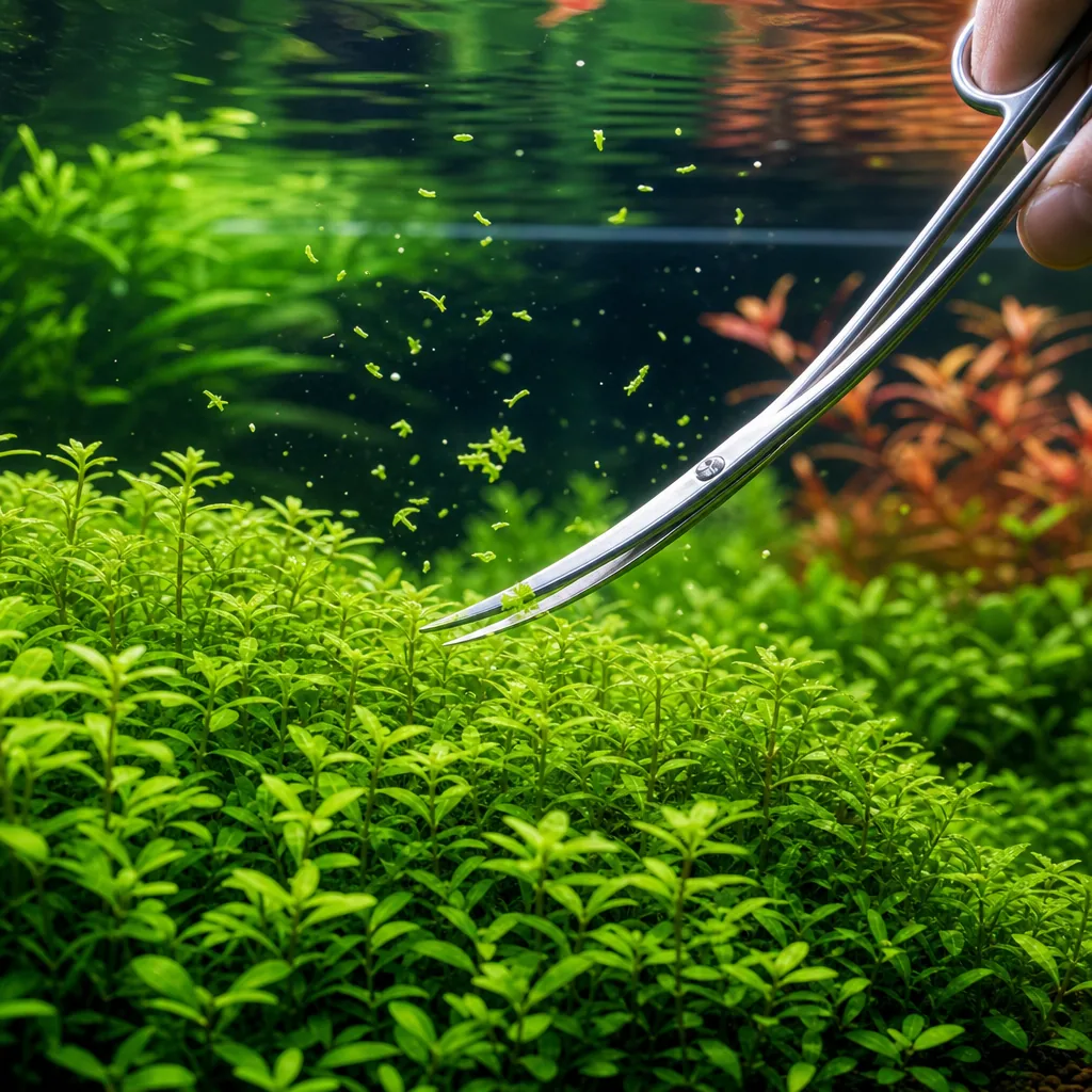 Trimming overgrown stem plants during routine maintenance