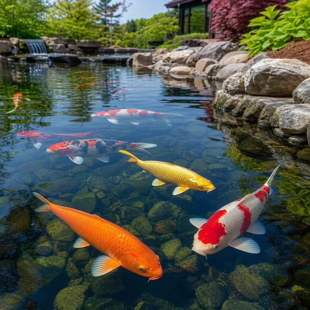 Large koi swimming in a spacious clear backyard pond