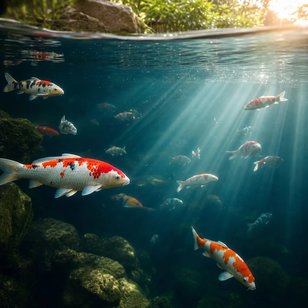 Deep koi pond showing fish at varying water depths