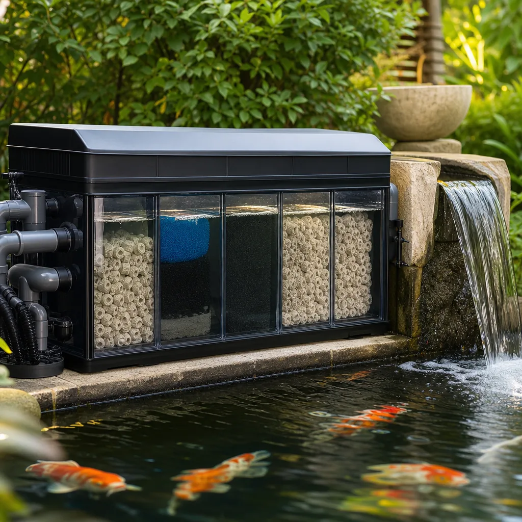 External koi pond filtration system beside the water