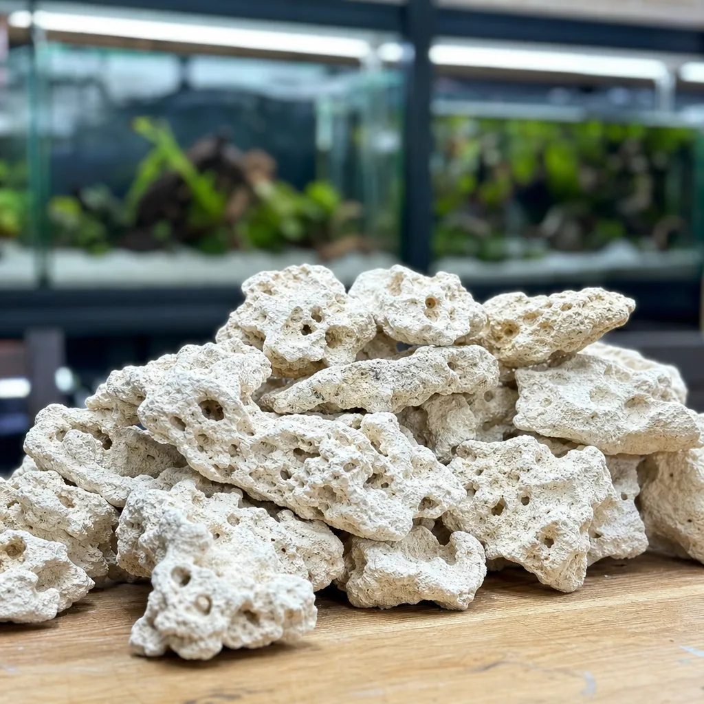 Clean white dry rock stacked outside a tank