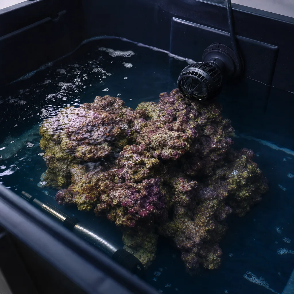 Rock curing in a dark bin of saltwater
