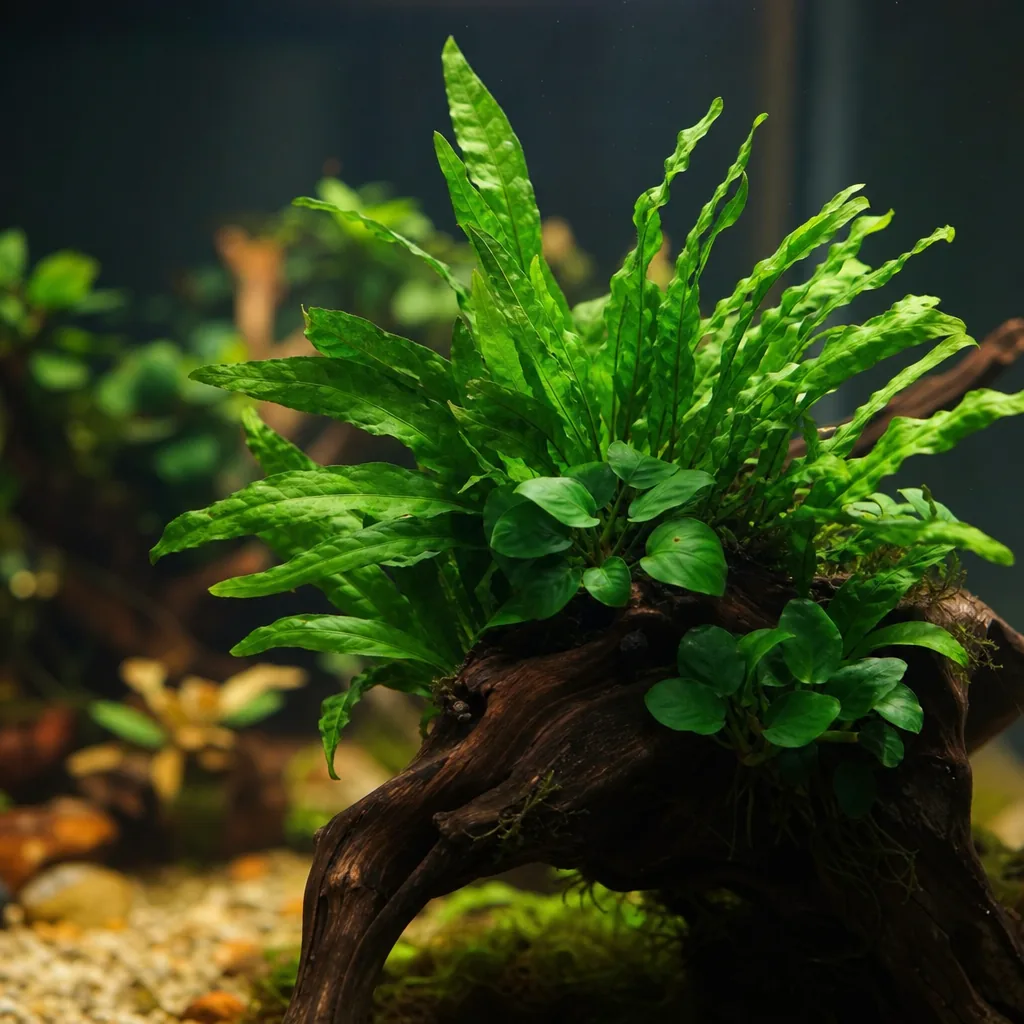 Hardy low-light java fern thriving in dim tank