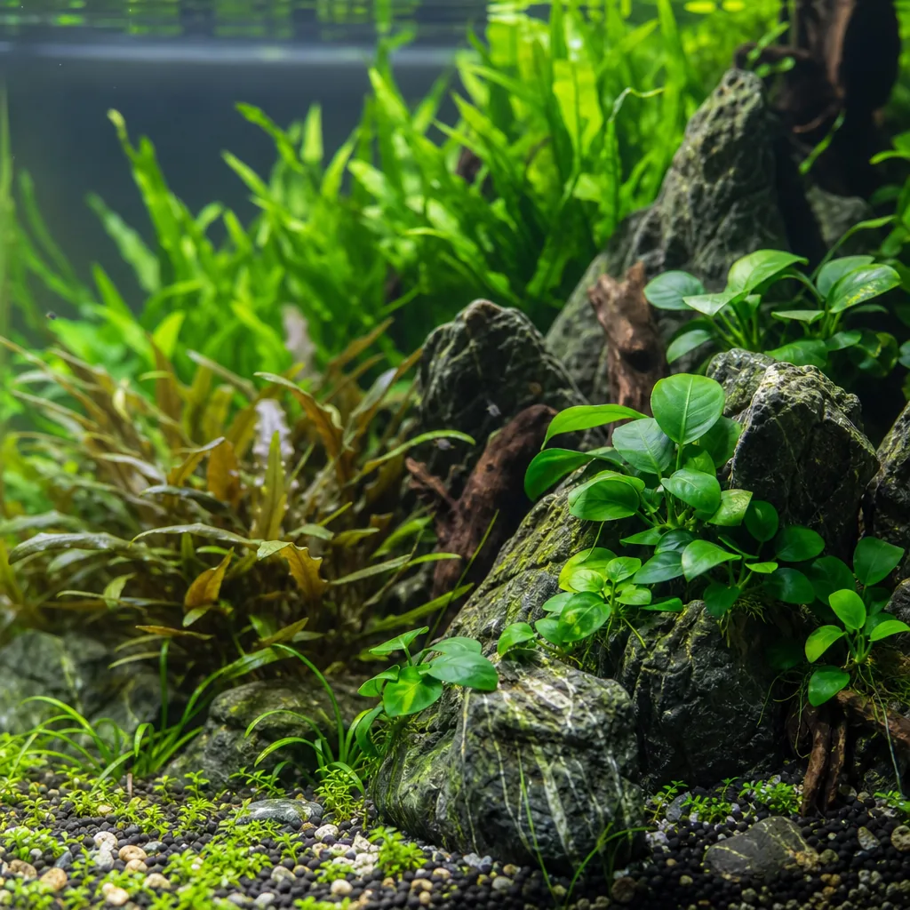 Low-light plants placed across an aquascape layout