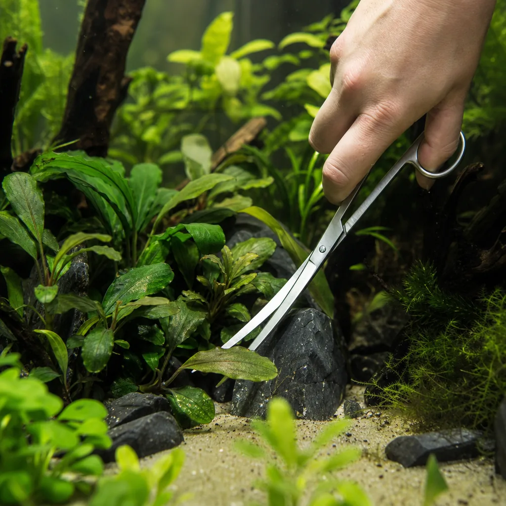 Trimming a low-light aquarium plant with scissors
