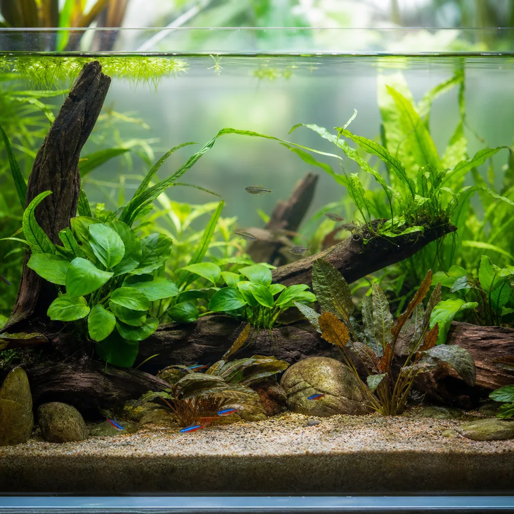 Relaxed low-tech planted aquarium with hardy plants
