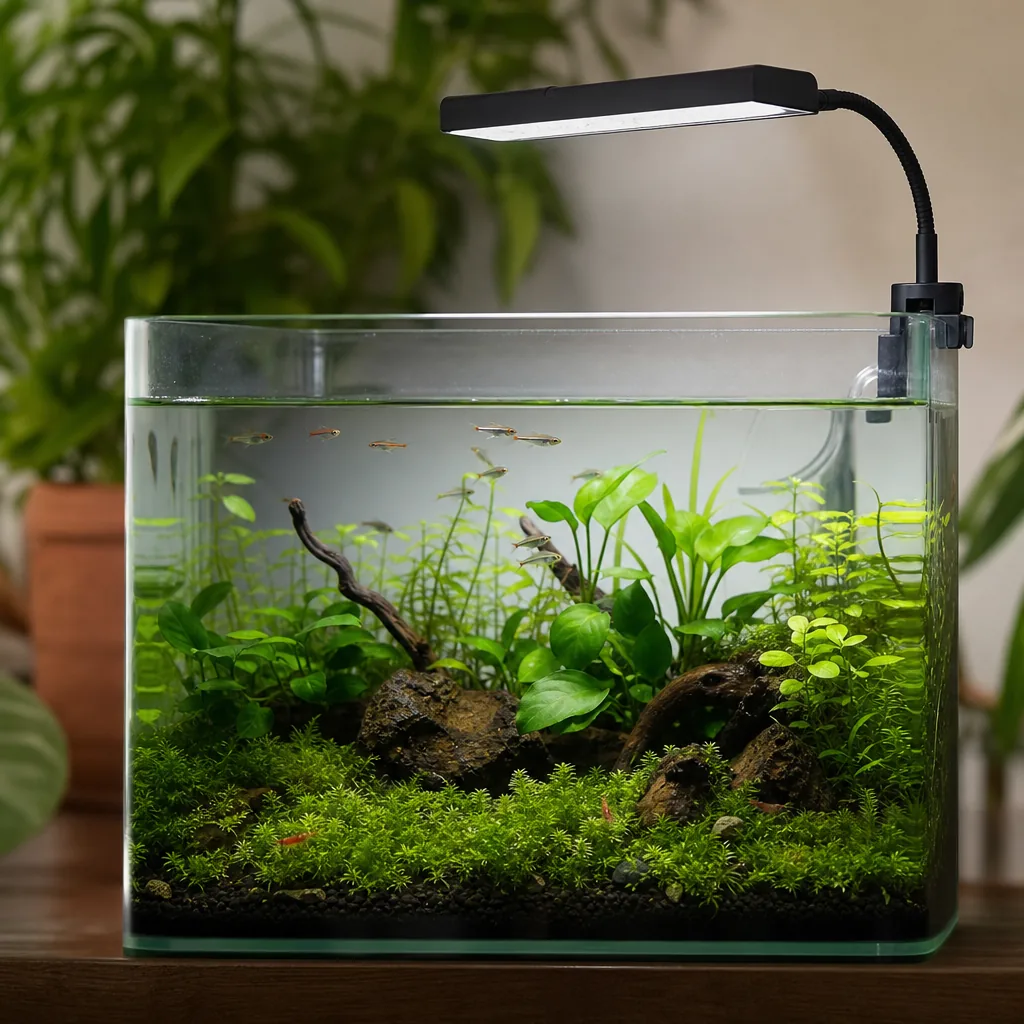 Modest LED light over an easygoing planted tank