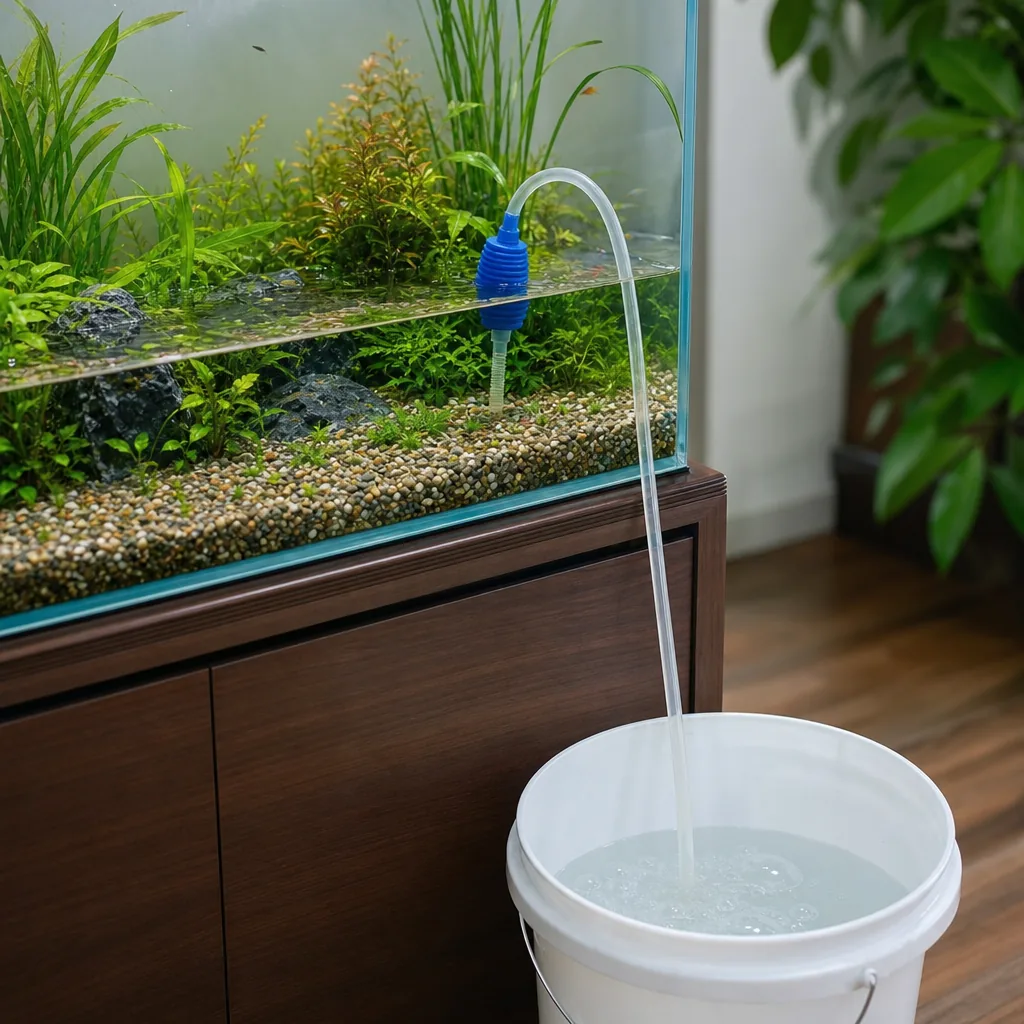 Siphon hose draining water from an aquarium into a bucket