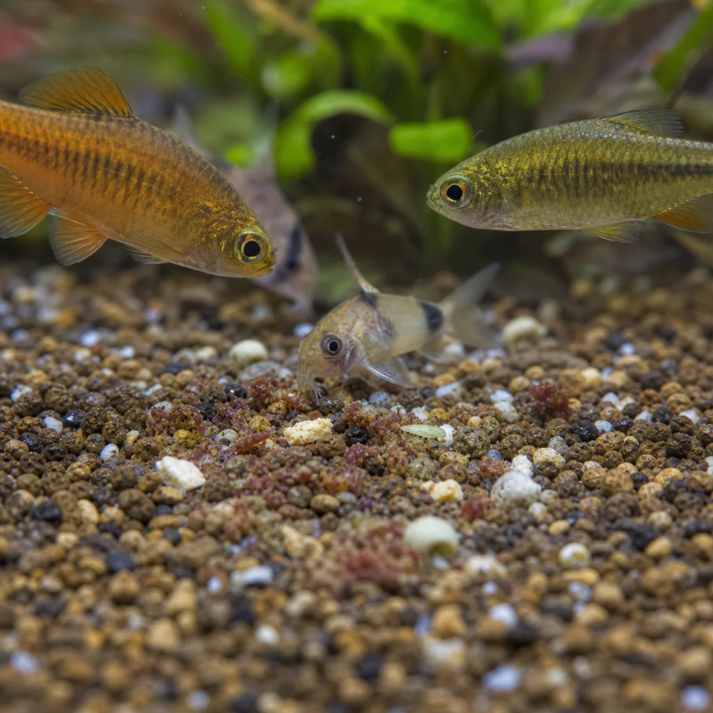 Uneaten food and debris settling on aquarium gravel