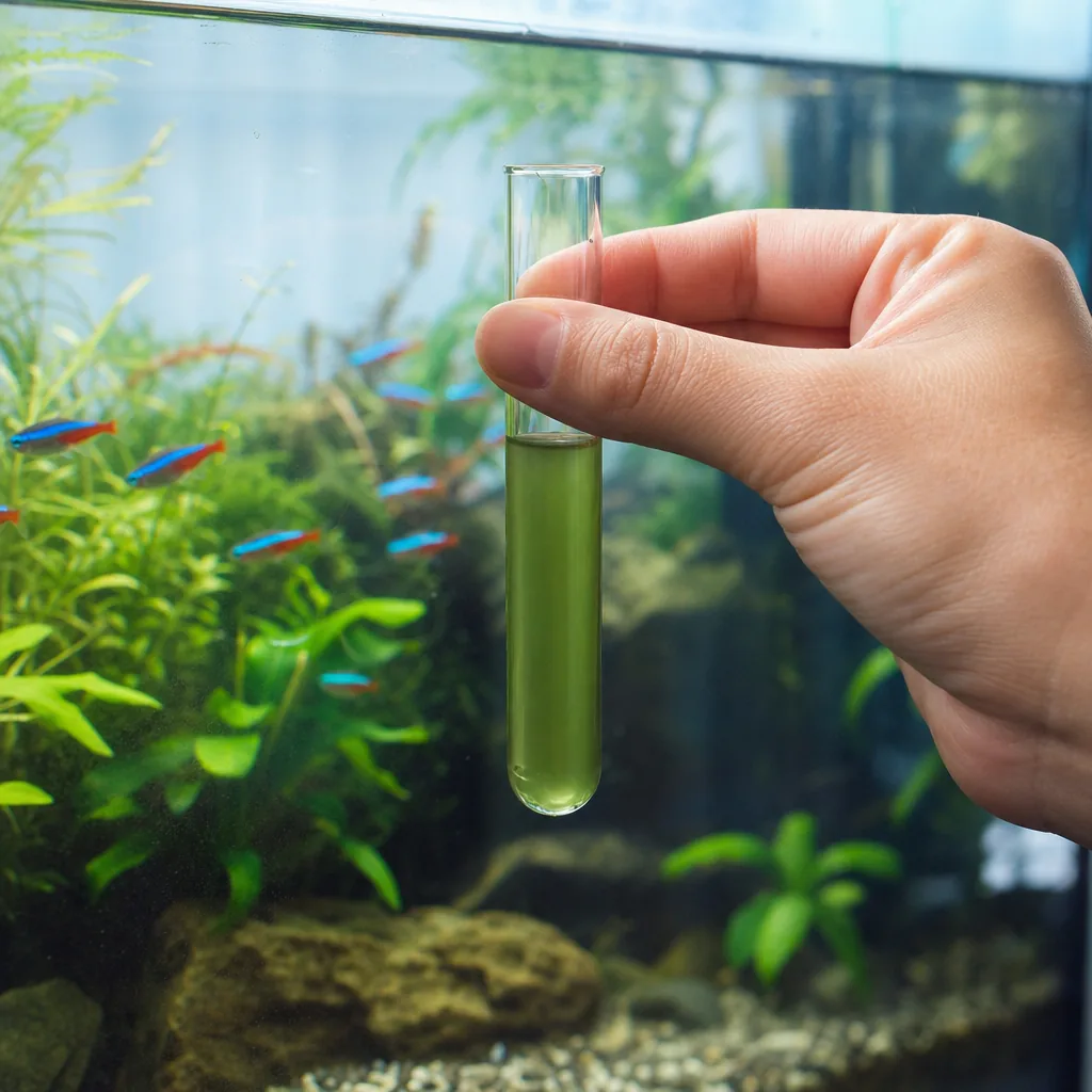 Liquid ammonia test tube held against a fish tank
