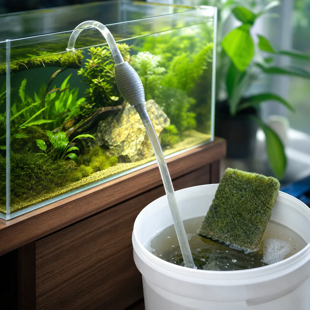 Weekly partial water change with siphon and bucket