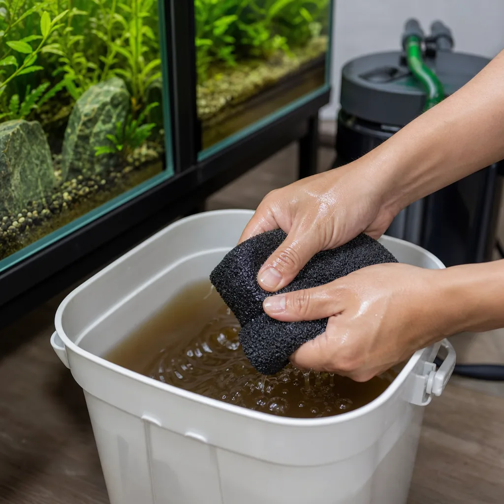 Rinsing filter media in a bucket of tank water