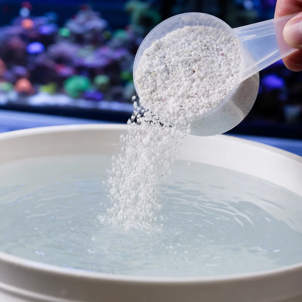Scoop of dry salt mix above a water container