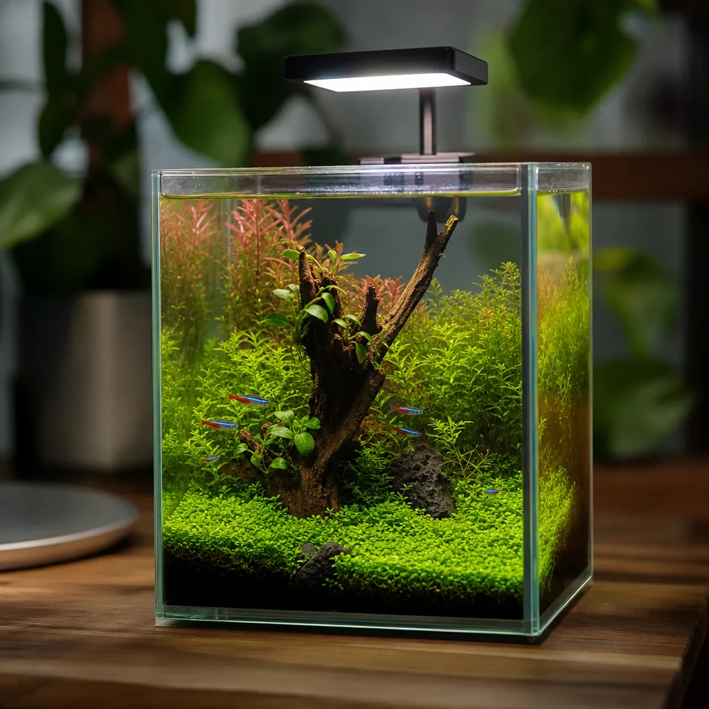 Small cube nano aquarium on a desk