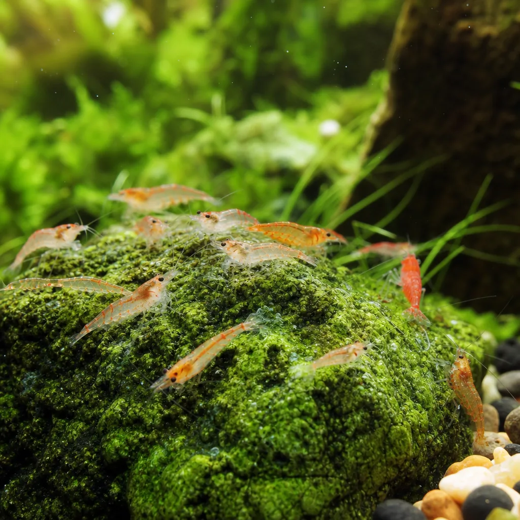Tiny shrimp grazing on moss in nano tank