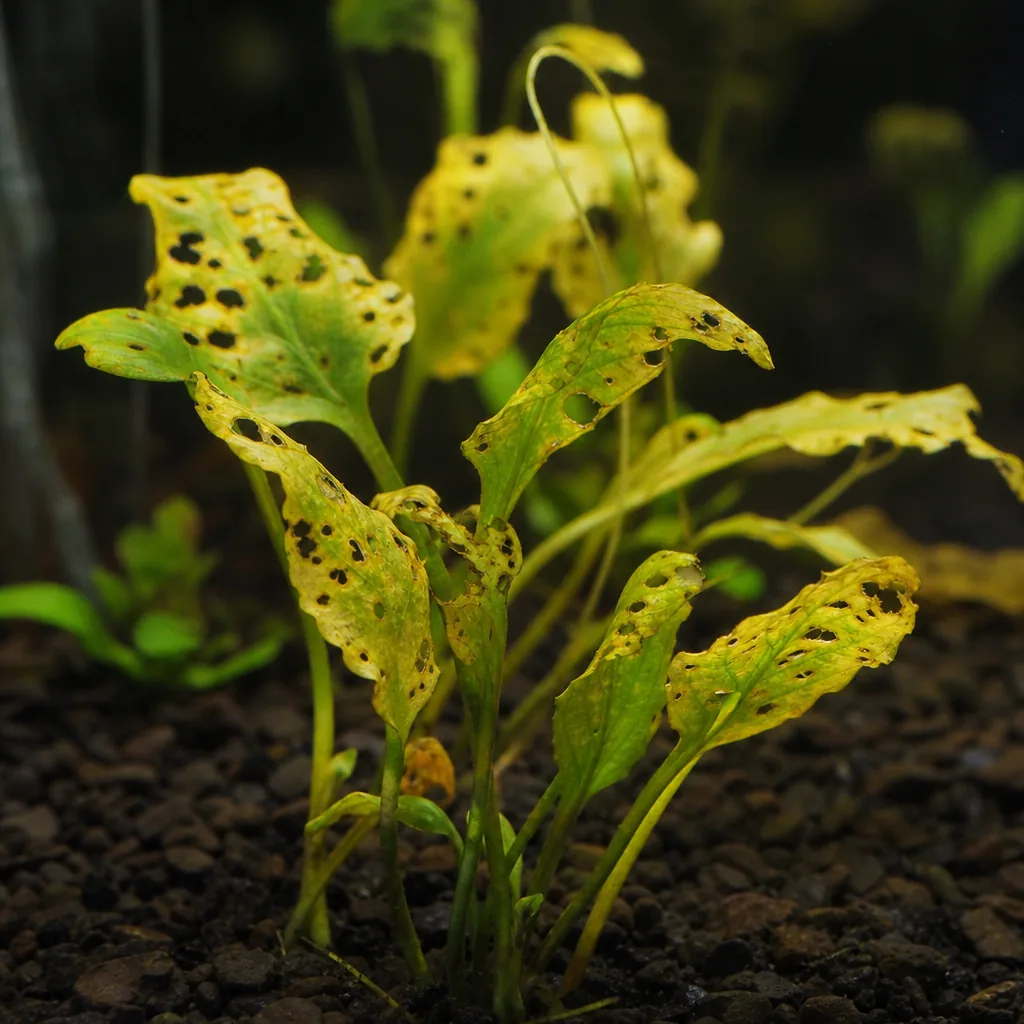 Yellowing aquarium plant showing nutrient deficiency