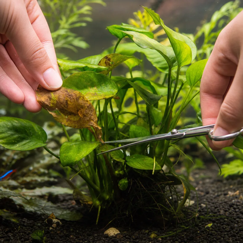 Trimming away dead leaves during plant recovery
