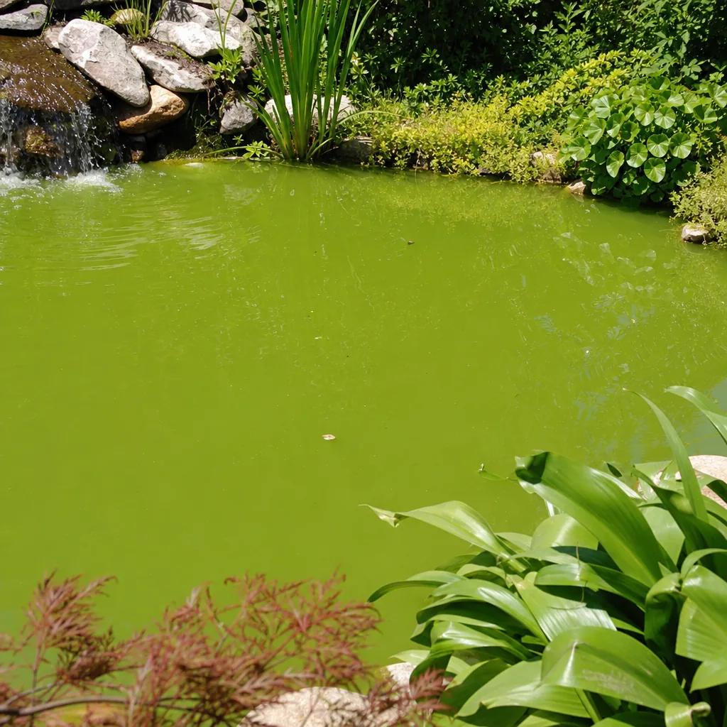 Pea-green algae bloom clouding a backyard pond