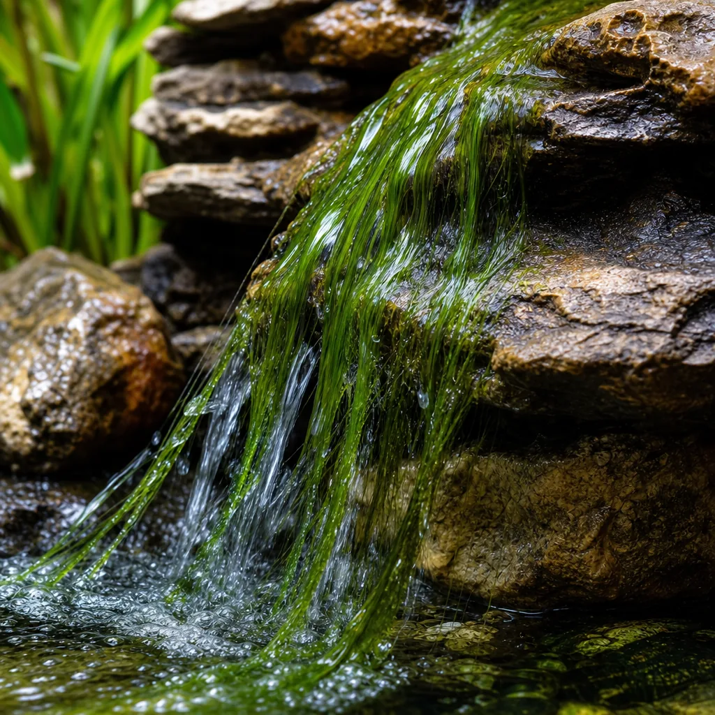 String algae clinging to pond rocks and waterfall