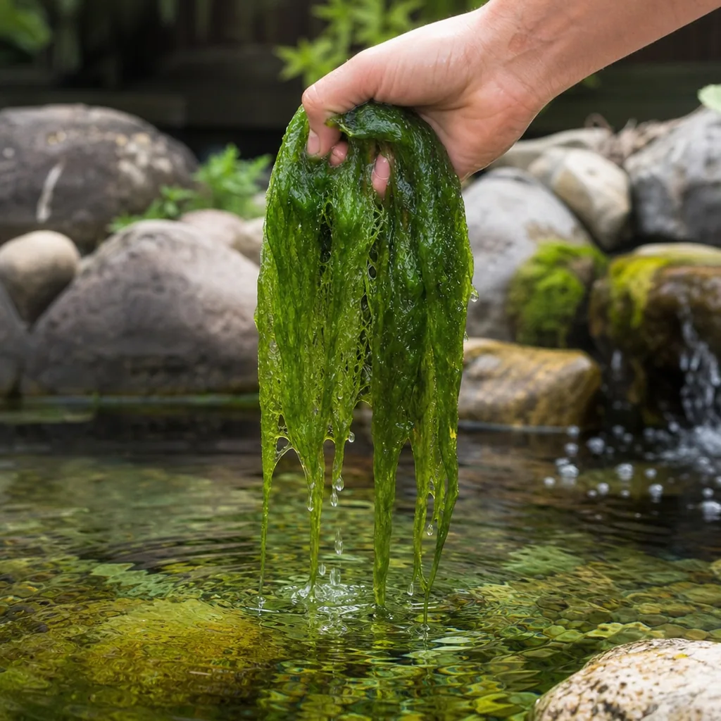 Removing string algae from a pond by hand