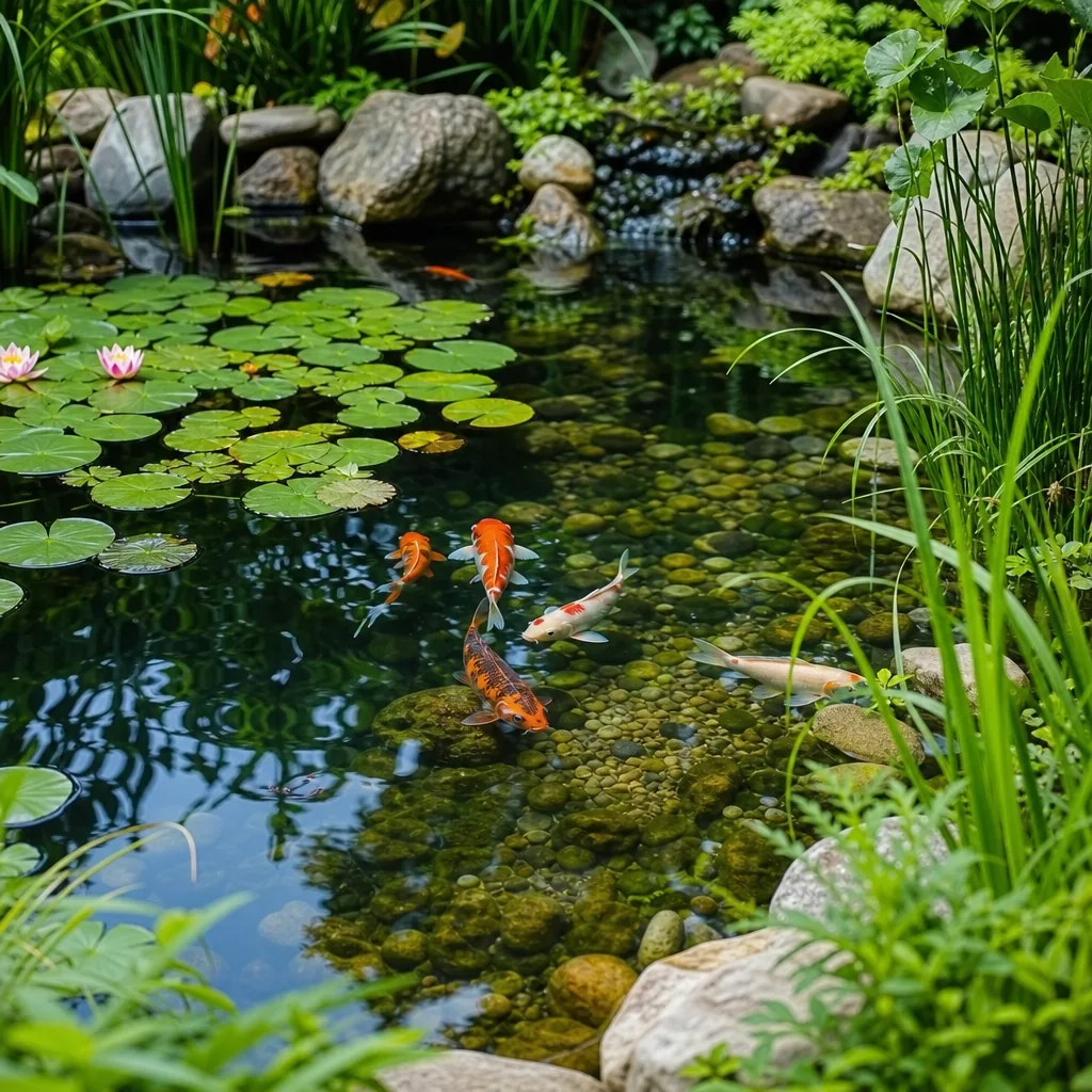 Balanced clear pond with plants outcompeting algae