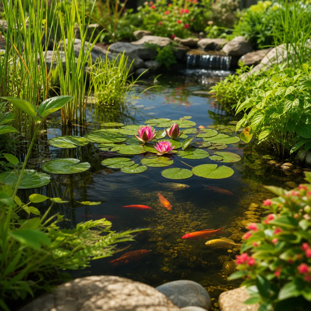 Healthy planted pond with lush marginal and floating plants