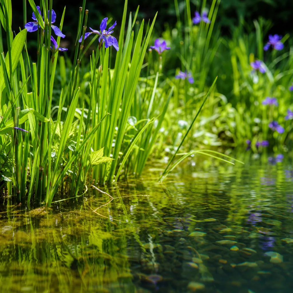 Marginal pond plants growing on a shallow shelf
