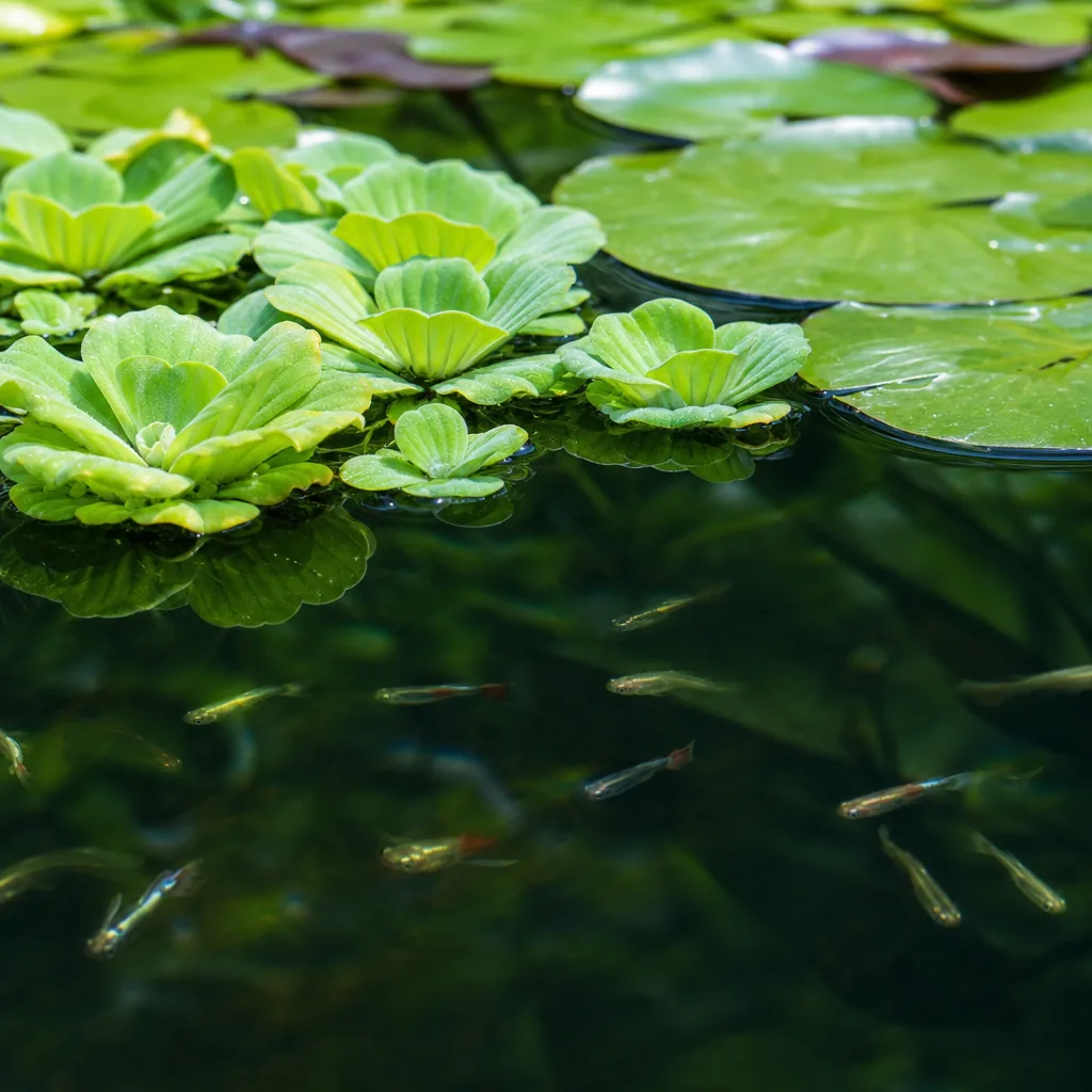 Floating water lettuce and lilies shading the pond surface