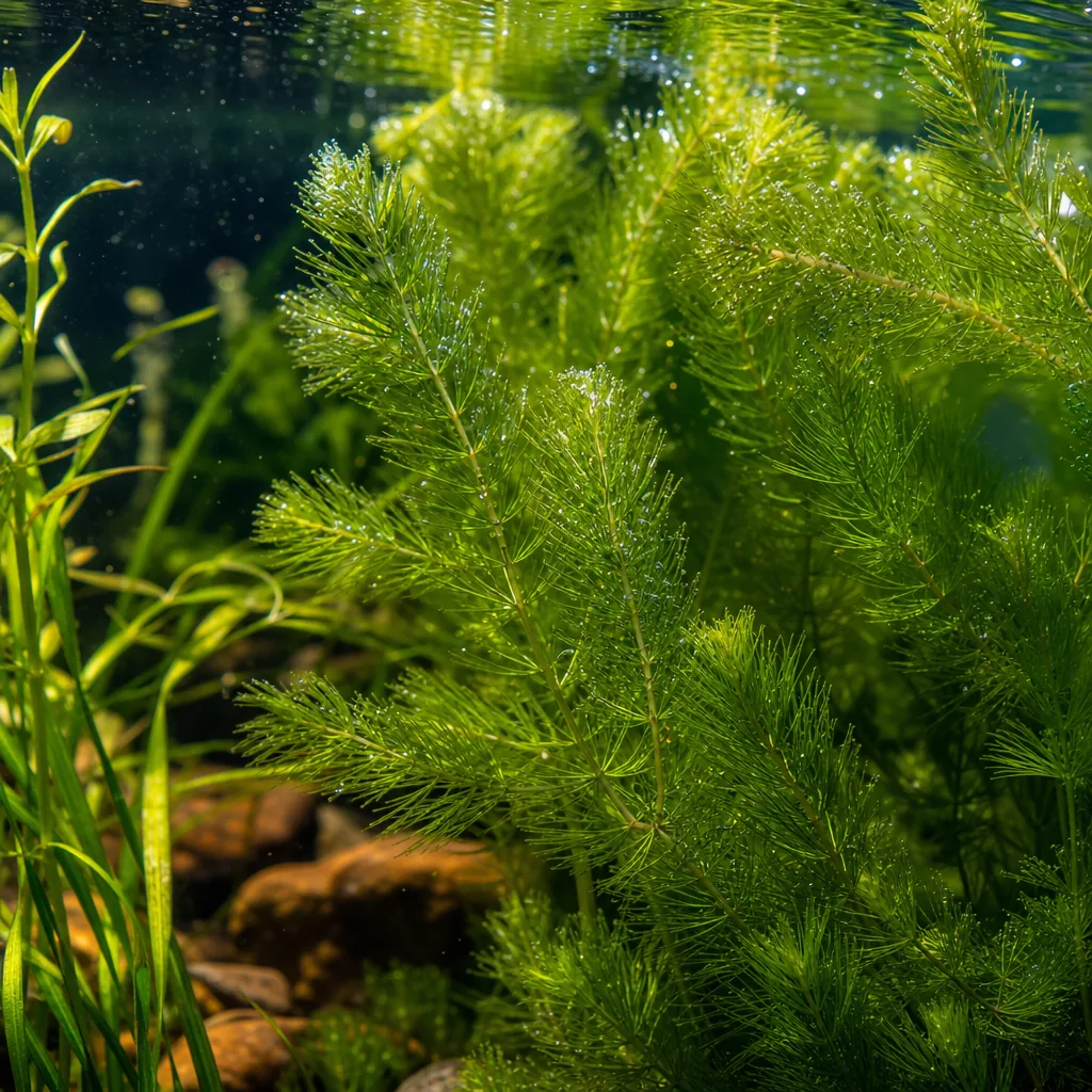 Submerged oxygenating plants swaying underwater in a pond