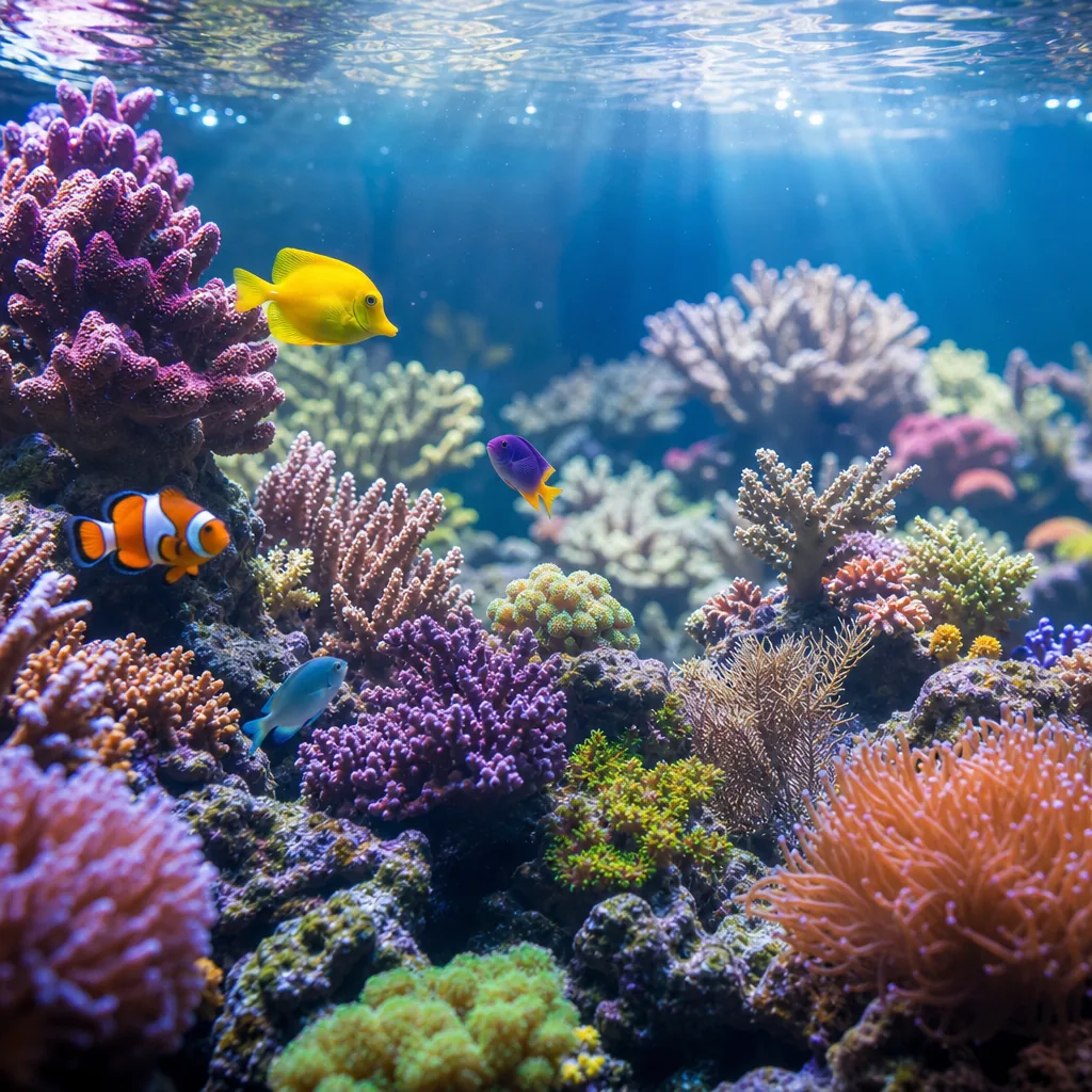 Saltwater reef tank with clear water and corals