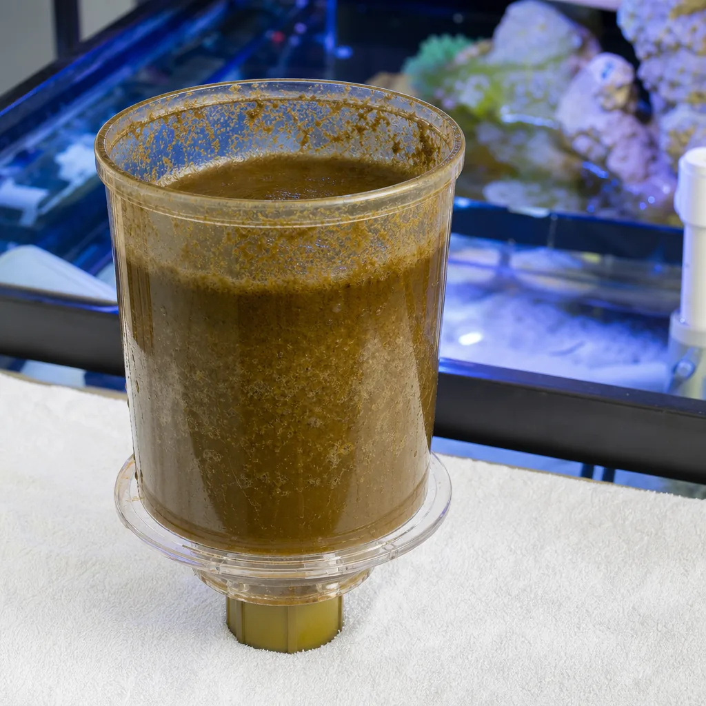 Skimmer collection cup filled with dark waste