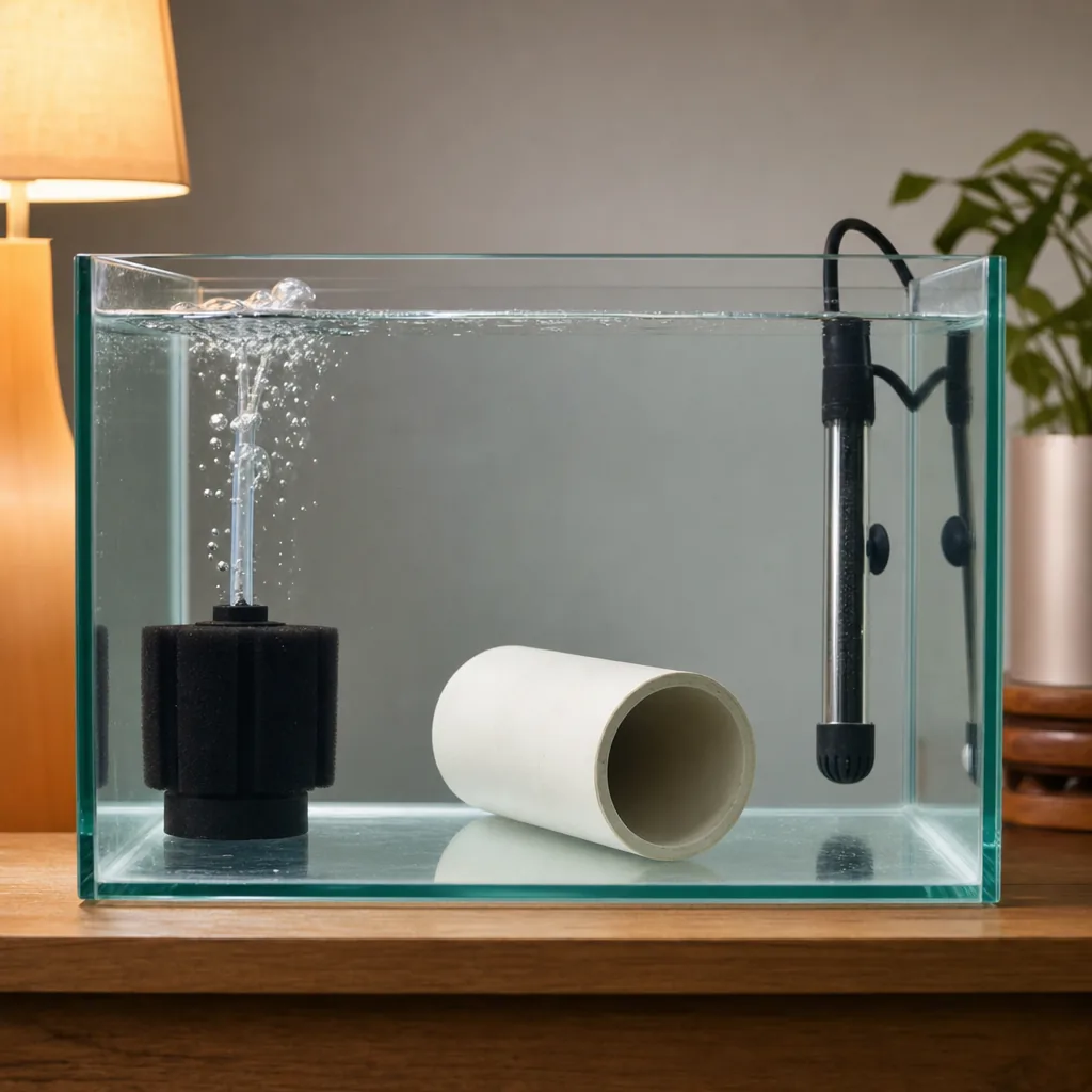 Bare-bottom quarantine tank with sponge filter and heater