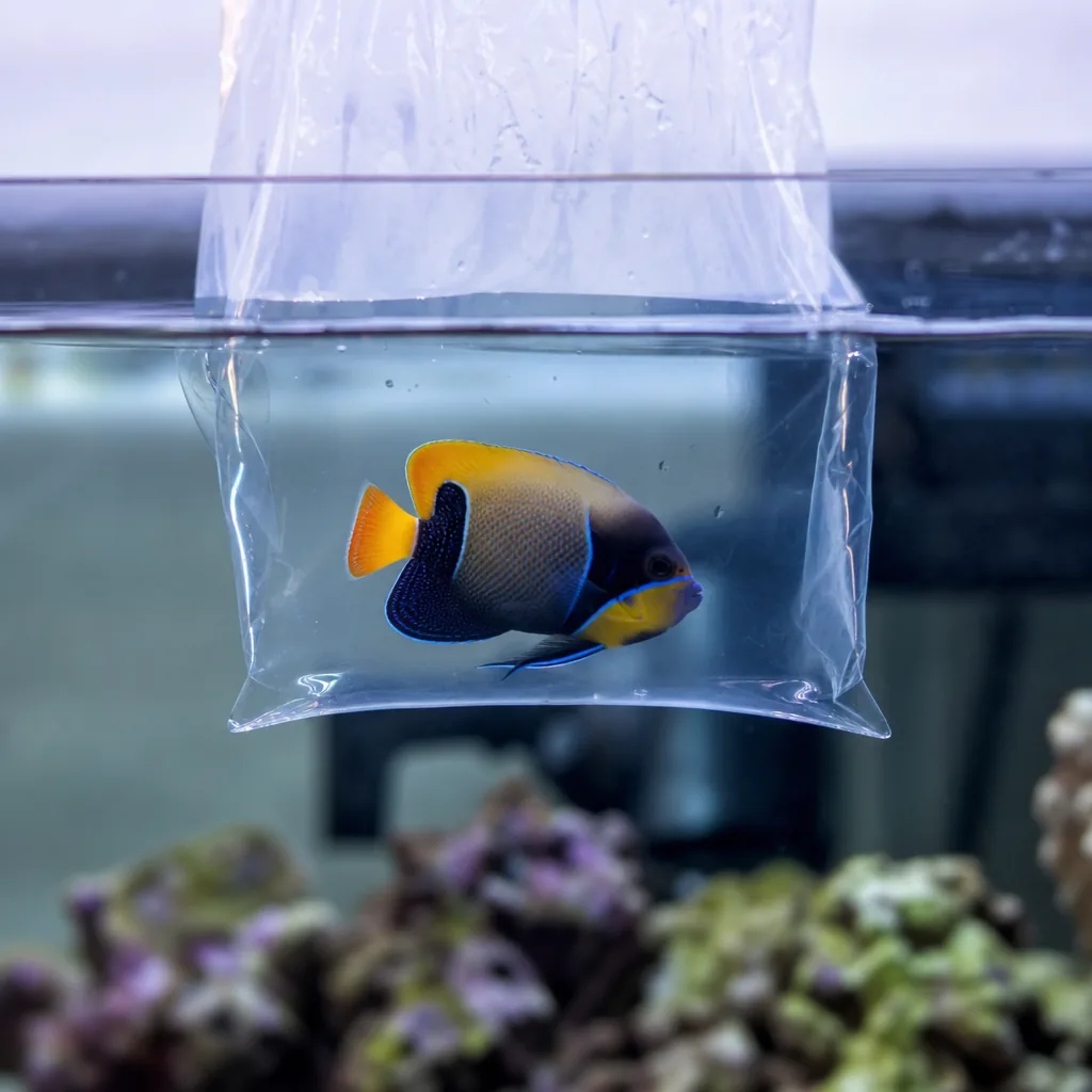 New tropical fish acclimating in a floating quarantine bag