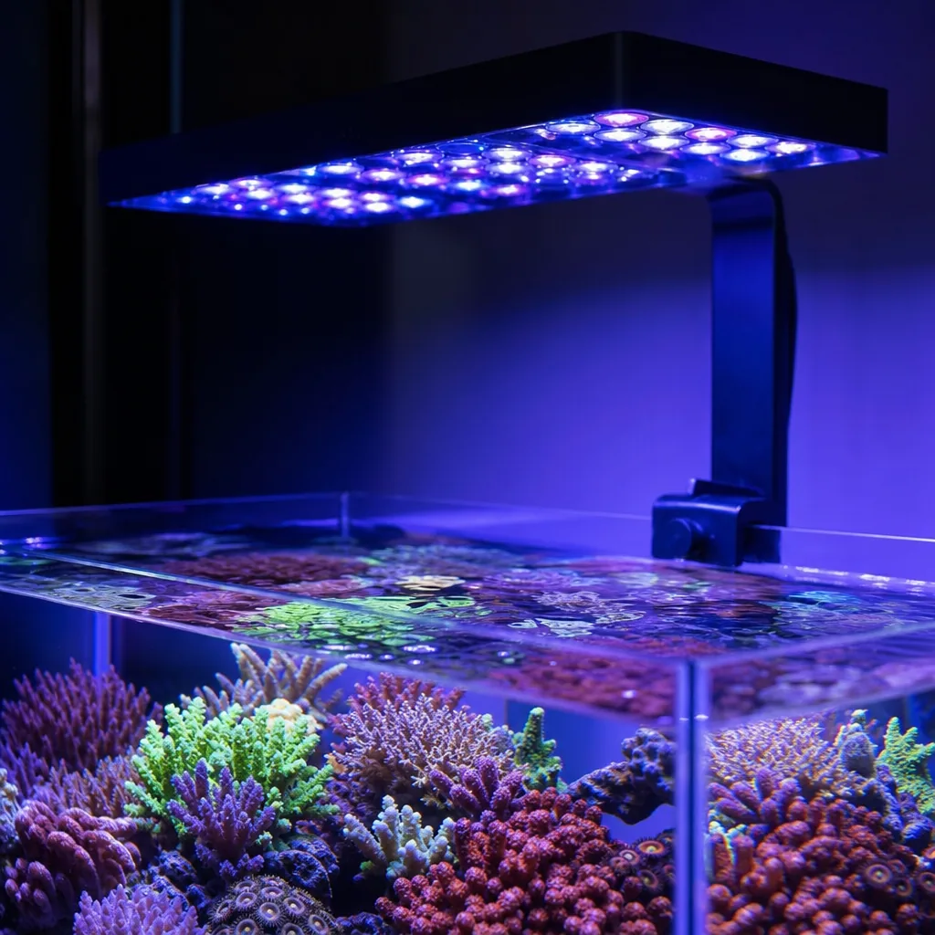 LED reef light fixture suspended above coral tank